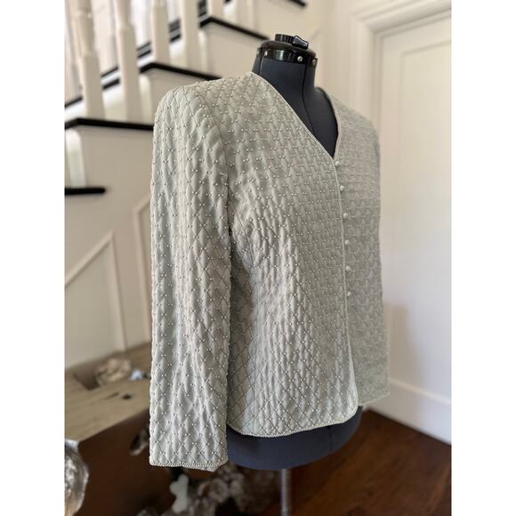 Quilted Jacket Mint Pearl Wedding Guest Church Modest Special Occasion Costume - Picture 6 of 13